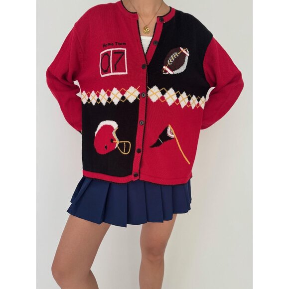 90s vintage red novelty football argyle print embroidered knit cardigan large XL - Picture 3 of 10